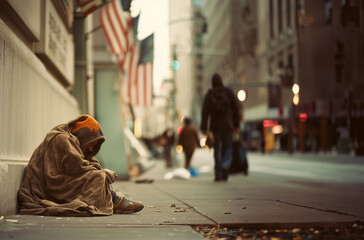 Obraz premium Homeless man sitting on a sidewalk in a busy American city 