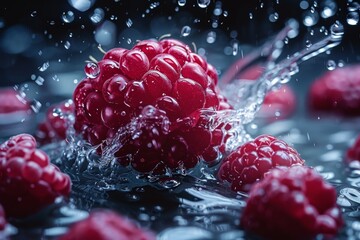 Fresh raspberries with water droplets vibrant and juicy representing freshness and health detailed and inviting