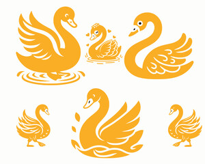 Set of hand drawn Swan.  set Duck. set of birds. set of four birds. set of birds with wings. Swan logo design collection.