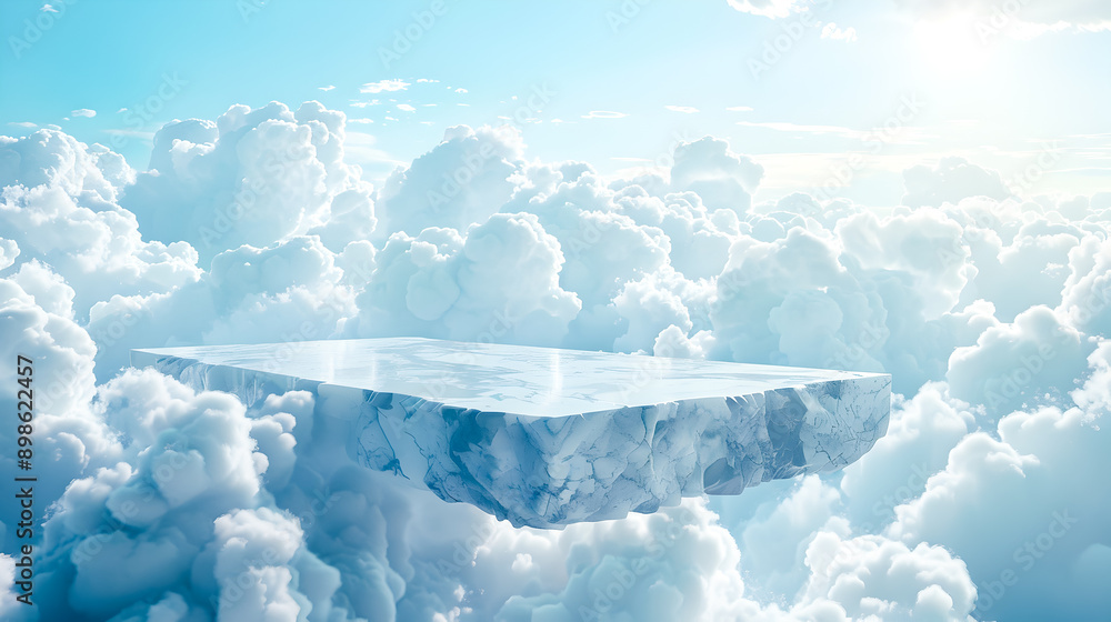 Poster a marble platform gracefully floating amidst soft fluffy clouds in a bright serene blue sky the plat
