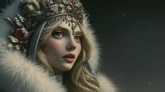 Beautiful winter fairytale princes. Cinematic fantasy video. Fairy tale, fable concept. Frozen landscape.