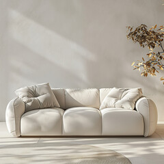 Serene Minimalism: A plush off-white sofa invites relaxation in a sun-drenched living room, epitomizing modern comfort and minimalist design. 