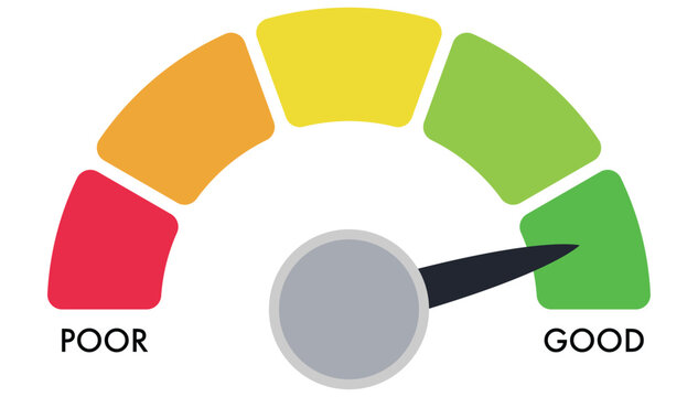 Speedometer icon. meter with arrow for dashboard with green, yellow, red indicators. Gauge of tachometer. Low, medium, high and risk levels. Scale score of speed, performance and rating. eps 10