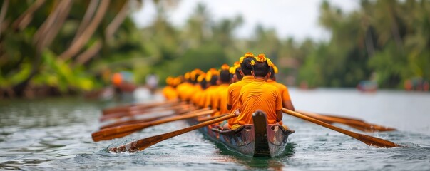Community celebrating Onam with a traditional boat race, regional festival