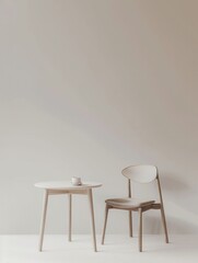 A white chair and round wooden table sit in a room with a white wall. Generative AI