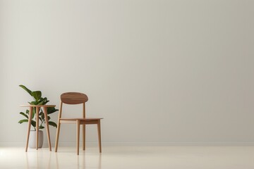 A simple and modern interior design featuring a wooden chair and table against a plain white wall. Generative AI