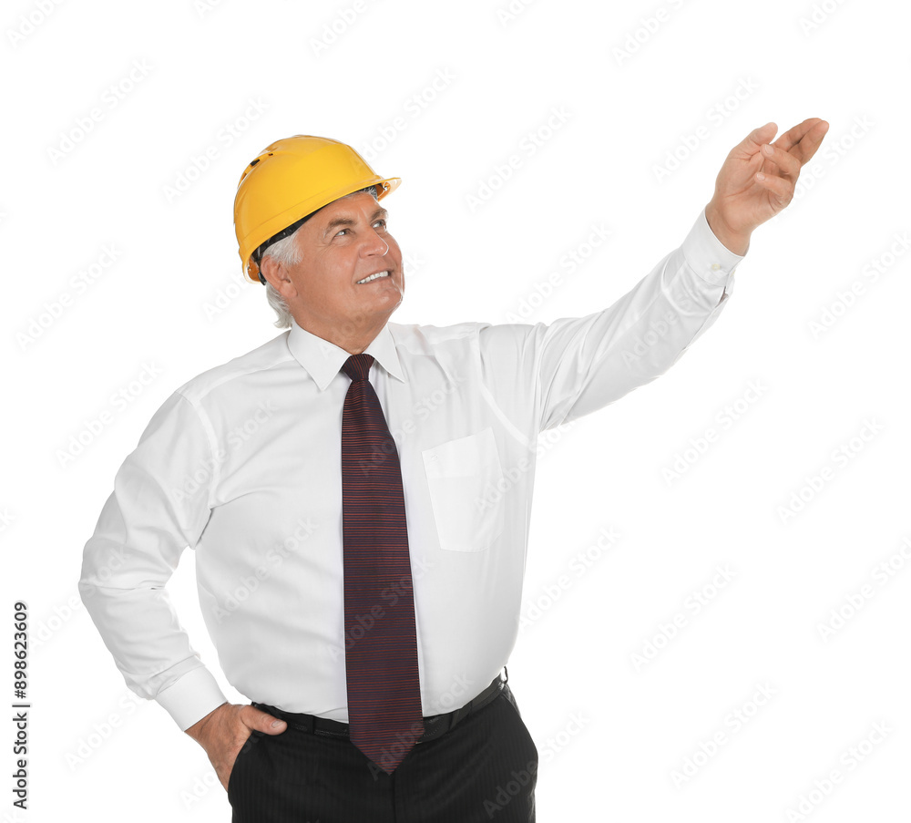 Wall mural Engineer in hard hat on white background