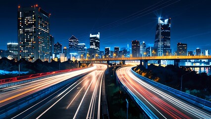 Fototapeta premium Night city skyline with vibrant traffic lights amidst skyscrapers; suitable for urbanthemed designs, backgrounds, or cityscape concepts in various media projects. 9