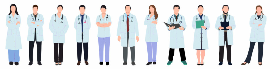 Set of medical staff in uniform. Collection of male and female doctors and nurses. Physician, Doctor, pediatric, paramedic nurses and other healthcare professional. 