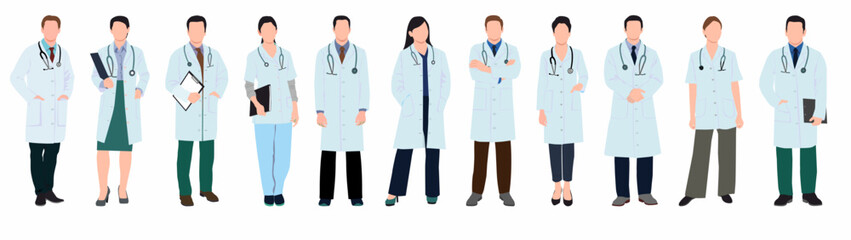 Set of medical staff in uniform. Collection of male and female doctors and nurses. Physician, Doctor, pediatric, paramedic nurses and other healthcare professional. 