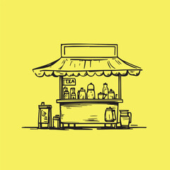 Roadside tea stall or coffee shop line art design