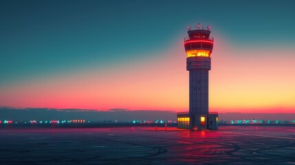 The airport control tower stands tall in the warm sunset glow over the empty airfield, with colorful evening sky hues creating a peaceful, serene atmosphere