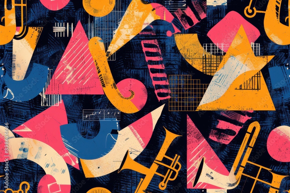 Poster stylish jazz-inspired geometric design with retro textures in a continuous pattern