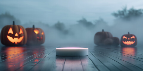 mockup podium for product presentation Halloween  spooky decorations jack-o’-lanterns pumpkins fog trees