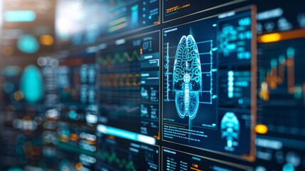 Naklejka premium Bio technology by using AI datum machine for CT Scan and analysis. Datum futuristic healthcare concepts.