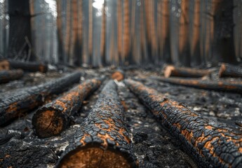 Fototapeta premium A close up of charred tree trunks in a burnt forest, with ash covering the ground