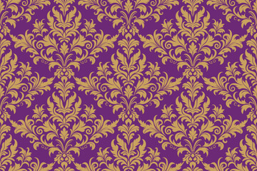 Purple and Gold Damask Seamless Pattern:  A luxurious and elegant repeating pattern featuring a classic damask design in rich purple and gold tones. Perfect for adding a touch of sophistication to any