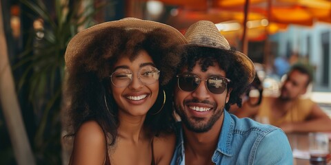 happy African American man and woman sitting together at summer beach bar