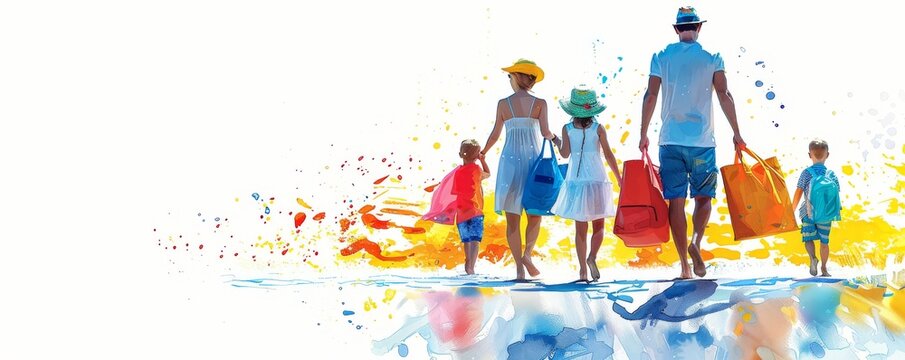 Colorful family shopping day, vibrant watercolor painting, summer outing