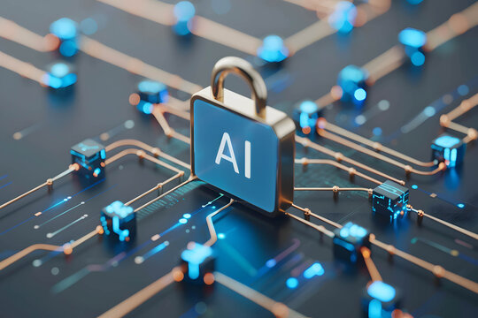 Using AI to help improve security systems effectively concept, word "AI" with a digital padlock and data protection visuals, security in data and information, cloud system