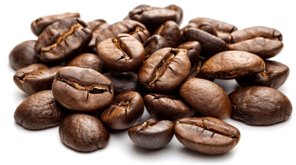 Fototapeta premium A detailed and hyper-realistic close-up shot of coffee beans, showcasing their texture and color. Isolated on white background.