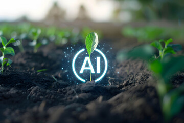 Soil and fertilizer quality improvement, technology and AI to improve soil efficiency, smart soil development and innovation concept, word "AI" on farming or agriculture