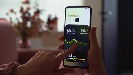 Tracking weight loss progress. Monitoring weight loss using fitness app for mobile phone. Fictional Interface.