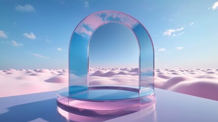 A delicate glass sculpture sits on a table in the desert, framed by a cloudy sky