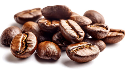 Naklejka premium A detailed and hyper-realistic close-up shot of coffee beans, showcasing their texture and color. Isolated on white background.