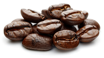 Fototapeta premium A detailed and hyper-realistic close-up shot of coffee beans, showcasing their texture and color. Isolated on white background.
