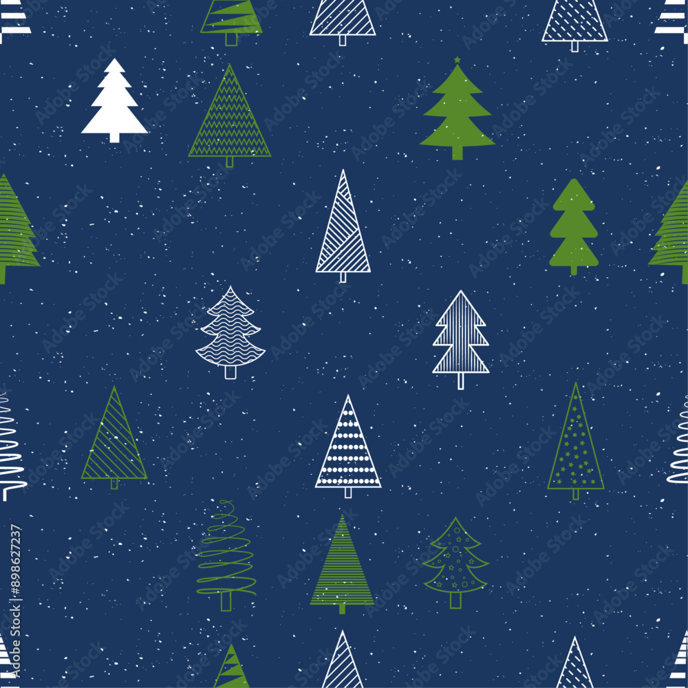 Poster christmas trees are green and white on a blue canvas. seamless new year's background with simple chr
