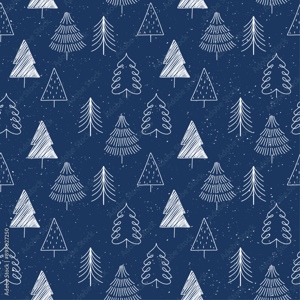 Poster christmas trees painted on a blue canvas. seamless new year's background with simple christmas trees