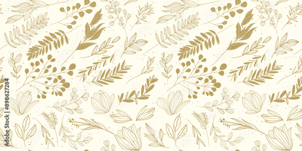 Poster golden background of stems and twigs of various plants. vector and floral background.