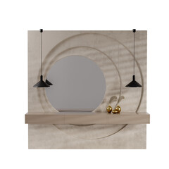 A round mirror with a gold frame and a black lamp above it