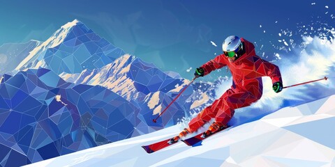 Abstract Geometric Skiing Scene: A Modern Artistic Take on Alpine Action and Winter Splendor