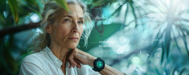 Modern mature woman with smart watch analyzing data in a nature setting