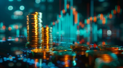 Sustainable Investment Growth: Stacked Coins and Digital Graphs Illustrate a Green Future in Renewable Energy Finance