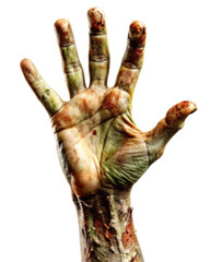 Fototapeta premium Bloody Zombie Hand With Open Palm Isolated On White. A horrifying and detailed depiction of a zombie hand with blood and wounds, ideal for spooky themes. Isolated on transparent background, png.