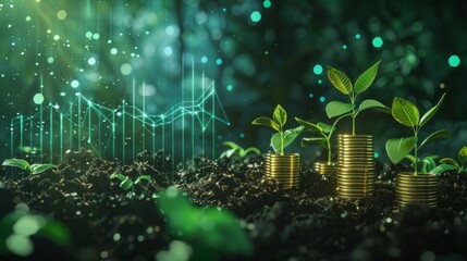 Sustainable Investment Growth: Stacked Coins and Digital Graphs Illustrate a Green Future in Renewable Energy Finance
