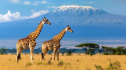 Obraz premium Three giraffe on Kilimanjaro mount background in National park of Kenya, Africa