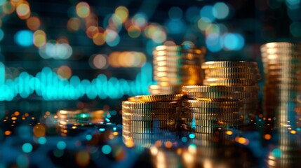 Sustainable Investment Growth: Stacked Coins and Digital Graphs Illustrate a Green Future in Renewable Energy Finance