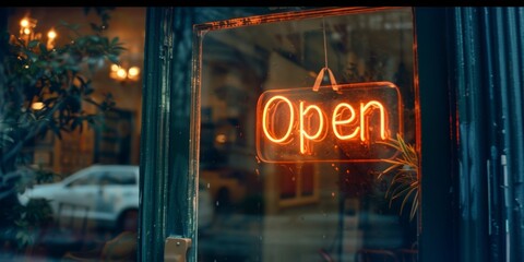 Warm Welcome: Illuminated 'Open' Sign Beckons Customers into a Cozy Storefront