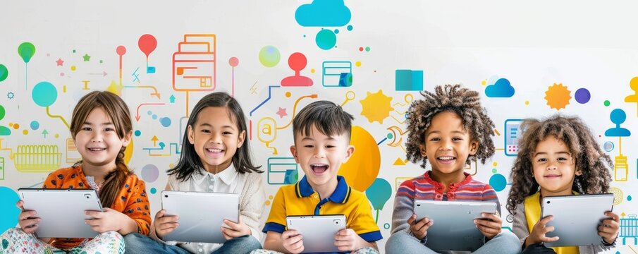 Diverse group of children smiling with tablets in digital learning environment