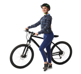 Naklejka premium Smiling woman in helmet with bicycle isolated on white