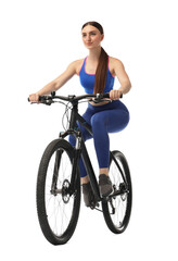 Naklejka premium Beautiful young woman riding bicycle on white background