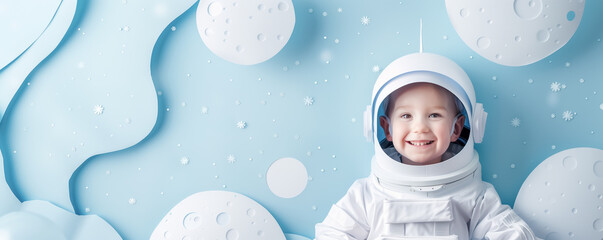 Happy cute smiling child in astronaut costume on the pastel blue background.