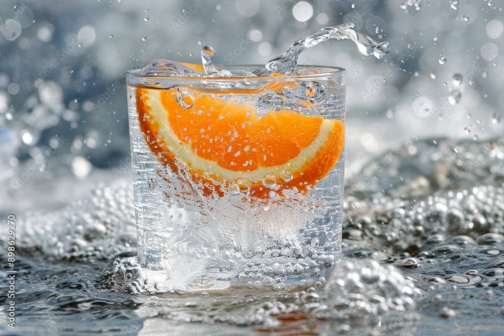 Poster refreshing orange slice splashing in water dynamic and cool representing freshness and energy detail