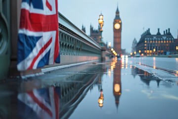 Obraz premium A vibrant Union Jack flags stands beside a rain-soaked path, mirroring the iconic Big Ben and glistening street lights in a tranquil London evening.