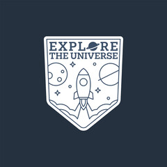 outer space illustration line art label or badge, design is suitable for t shirt, sticker or other printing need