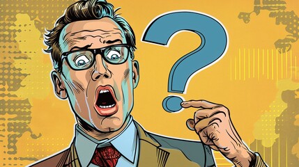 Shocked businessman looking at big question mark in pop art style